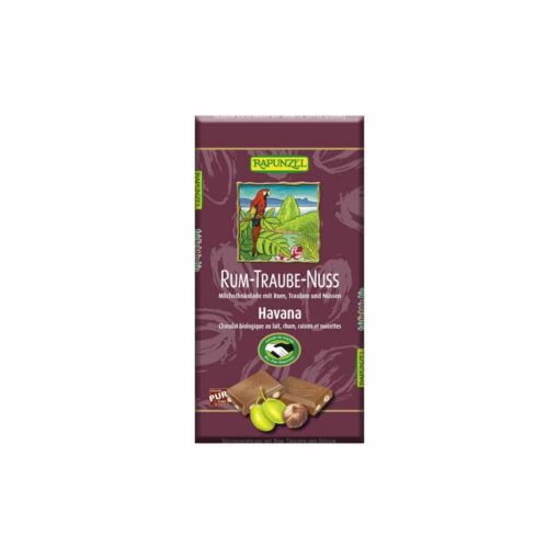 Rapunzel Tejcsokoládé rum-mazsola-mogyoró BIO 100g